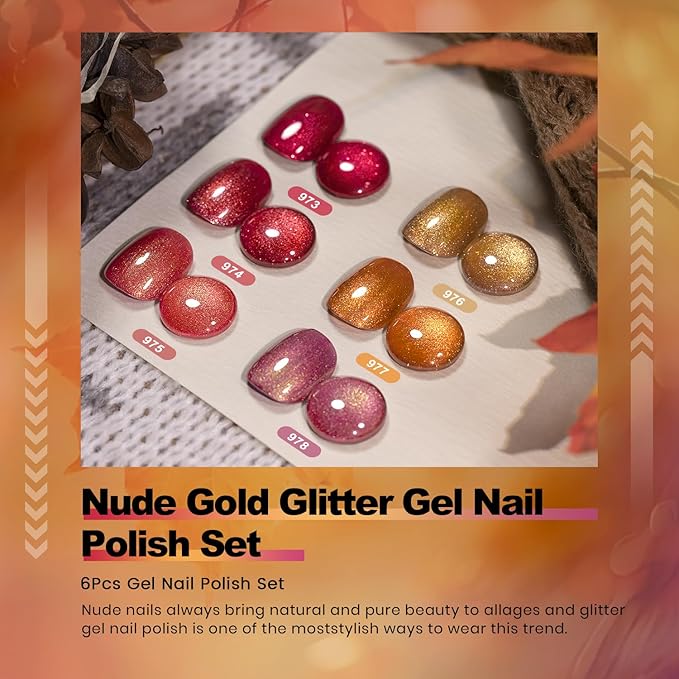 RARJSM Nude Gold Glitter Gel Nail Polish Set 6pcs Jelly Shimmery Sheer Lavender Wine Red Gold Brown Orange Fall Nail Gel Polish Sparkly Translucent Natural Skin Tone Color 7.5ml Soak off UV LED Cured
