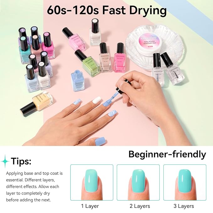 Nailshion Pastel Nail Polish Set-16 Colors Macaron Pink Blue Yellow Nude Pink Purple Air Dry Nail Polish Set with Base Top Coat & Remover Pads,Vegan, Non-gel Air Dry DIY Nail Art Salon Gift for Women