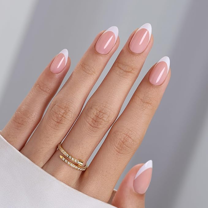 SHANGMENG White French Tip Press on Nails Short - Soft Gel Almond Nails for Women Gift, Fit Perfectly & Natural Glue on Nails in 16 Sizes - 32 Reusable Fake Nails with Glue, French White