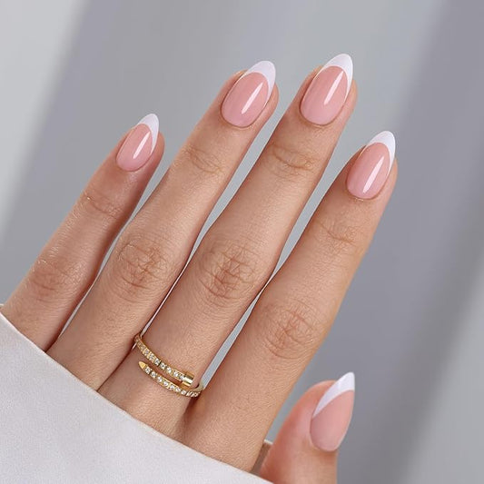SHANGMENG White French Tip Press on Nails Short - Soft Gel Almond Nails for Women Gift, Fit Perfectly & Natural Glue on Nails in 16 Sizes - 32 Reusable Fake Nails with Glue, French White