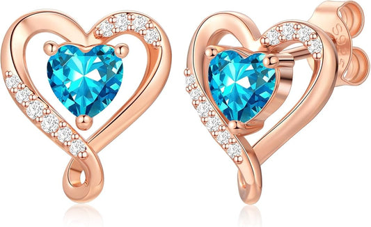 Zifeel Earrings for Women, S925 Sterling Silver Rose Gold Birthstone Heart Studs Earring for Girlfriend Wife, Anniversary Birthday Christmas Valentines Mothers Day Gifts Jewelry for Women Wife Her Mom