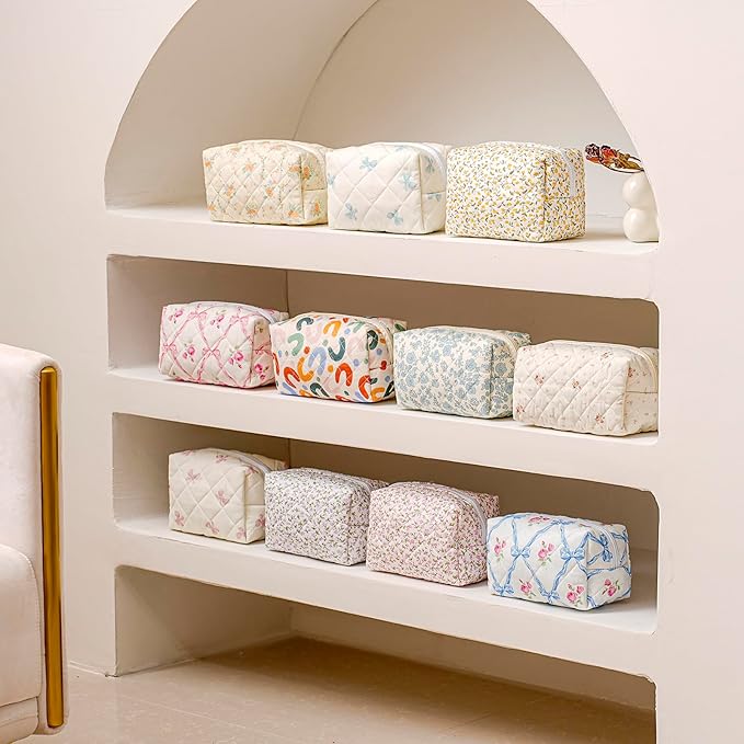 Cute Floral Makeup Bag Small Cotton Quilted Cosmetic Bag, Aesthetic Essential Bag Emergency Bag Gift for Women Girls Travel Accessories (Two Pack: Blue + Pink Floral)