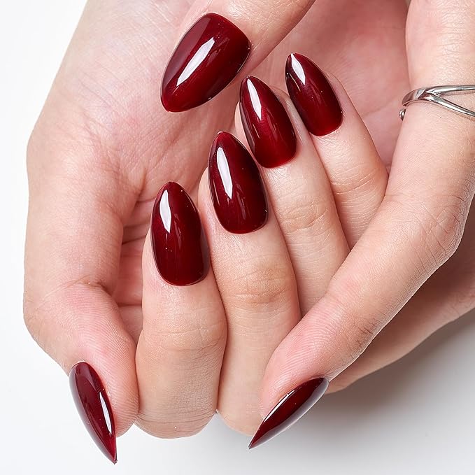 GLAMERMAID Dark Red Press On Nails Short Almond, Valentines Blood Deep Red Handmade Soft Jelly Gel Fake Nails Burgundy, Round Oval Stick Glue on Nails Kit for Women Girl Gift, Reusable False Nail Set