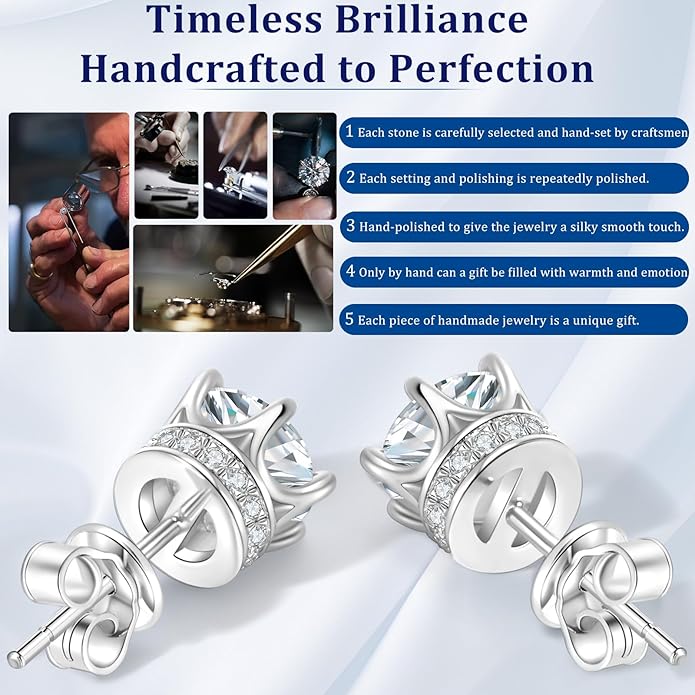Moissanite Stud Earrings 1.2ct-2.4 ct DF Color Grade Round Cut Lab-Grown Moissanite Earrings 18K White Gold Plated Sterling Silver Friction Back for Women Men