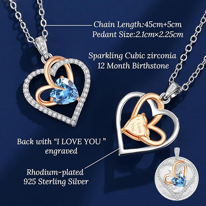 OOBEE Birthstone Necklaces for Women, 925 Sterling Silver Gemstone Fine Love Heart Moissanite Necklace, Ideal Birthday Anniversary Mothers Day Jewelry Gifts for Wife Mom Girlfriend Her