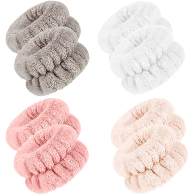 Chuangdi 4 Pairs Wrist Bands for Washing Face Wrist Spa Microfiber Wash Towel Band Scrunchies Absorbent Wristbands Sweatband for Women Prevent Liquid from Spilling(Stylish Colors)