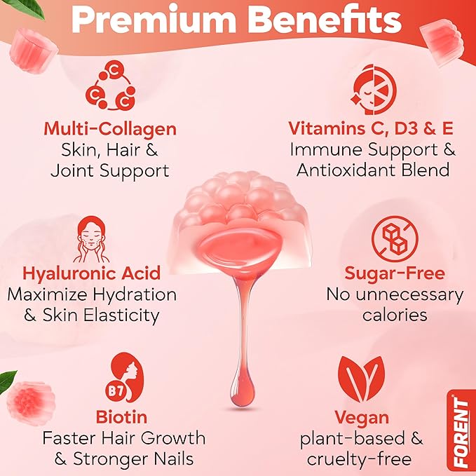 Forent 2500mg Collagen Gummies for Women & Men with Biotin, Vitamin D3, Hyaluronic Acid | Supports Skin Hair Nails & Joints, Sugar-Less Colageno Hidrolizado for Women, 60 Servings Peach Flavor