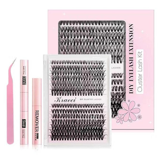 Kraeci Lash Extension Kit DIY with Adhesive Remover for Safe Removal, 280 Clusters 9-16mm, 30D/40D Volumes, Bond Glue, Sealant, Tweezers, Home Use Eyelash Starter Kit