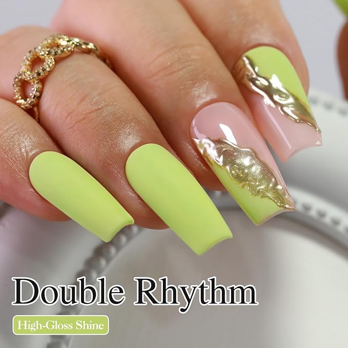Double Rhythm Gel Polish 15ML Jelly Sheer Pastel Light Milky Color Pearl White Bottle 1 PC 0.5 OZ Full Size Nail Art Salon at Home (Green-D1410)