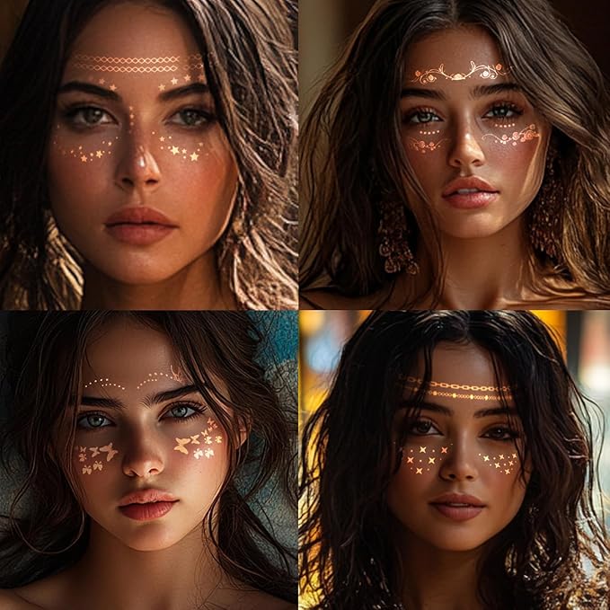 12 Pcs Gold Glitter Freckles Face Tattoo,Sparkle Makeup Patches Metallic Face Temporary Tattoos Stickers,Gold Face Freckle Tattoo for Women Halloween Christmas Party Decor 638