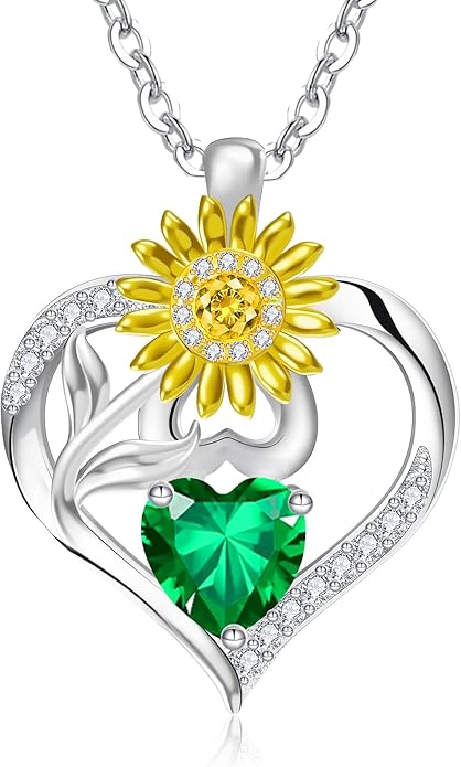 RIVIKO Valentine's Day Gifts for Her-Sunflower Birthstone Necklace for Women,925 Sterling Silver Heart Pendant,Anniversary Birthday Gifts for Women,Birthstone Jewelry for Wife Mother
