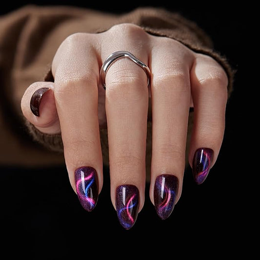 VSALON Press on Nails Short Almond - Dark Purpule Blue Cat Eye Sparkle Ribbon Design Winter Nails for Women, Reusable Opaque Gel Chrome Glue on Nails with Glue & Cuticle Oil - 32 PCS in 16 Sizes