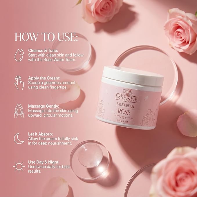 Essence Skin Care Rose Face Cream, Deeply Hydrating, Nourishing Moisturizer with Rose Water, Aloe Vera, Sweet Almond Oil, Shea Butter, Hyaluronic Acid, Hibiscus Extract