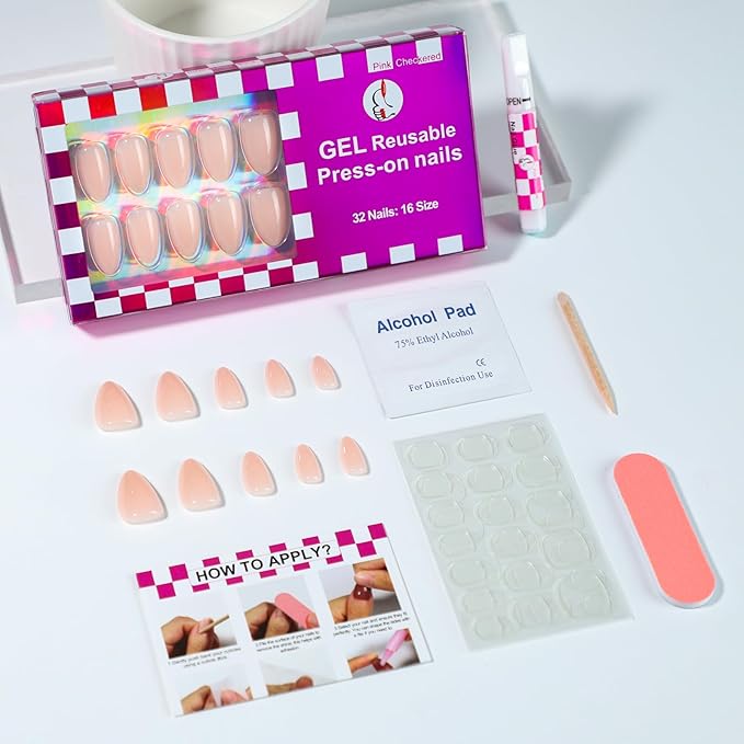 OIFEN 32pcs Short Press On Nails Almond 16 Sizes Glossy Fake Nails with Glue (Nude Pink)