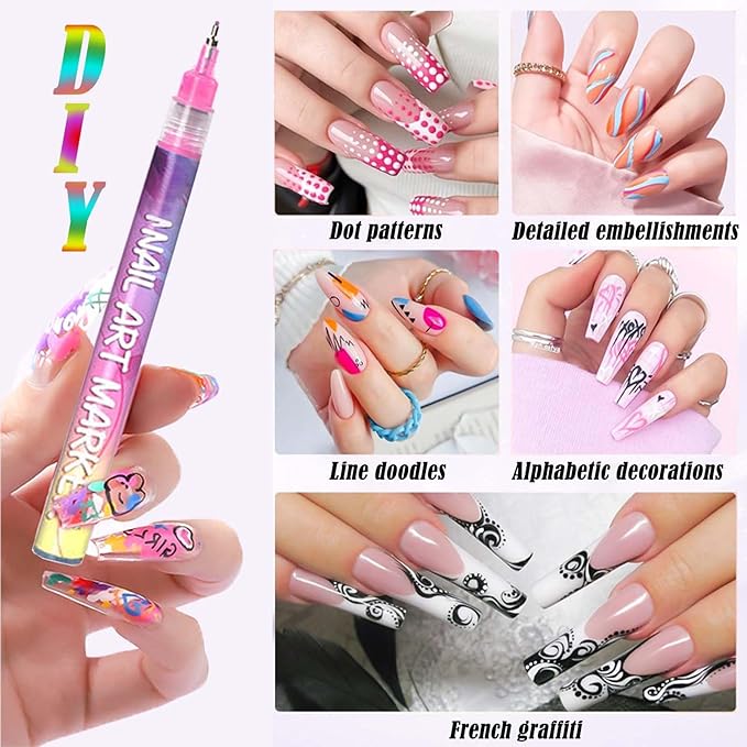 12 Colors Nail Art Pen Set,Nail Polish Pens Quick-Drying for Painting Nails,3D Acrylic Art Tools Dotting Liner Brush,Nails DIY Tools Beginners Christmas Gifts