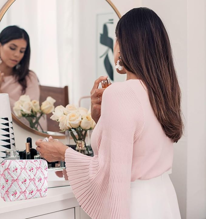 Cute Floral Makeup Bag Large Cotton Quilted Cosmetic Bag, Aesthetic Essential Bag Toiletry Period Bag for Women Travel Accessories (Pink Bowknot Rose)