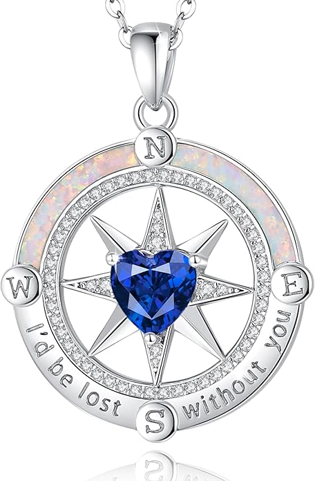 FANCIME Compass Necklace for Women Sterling Silver Compass Jewelry Opal Pendant Fine Jewelry Gemstone Birthday Christmas Gifts for Wife
