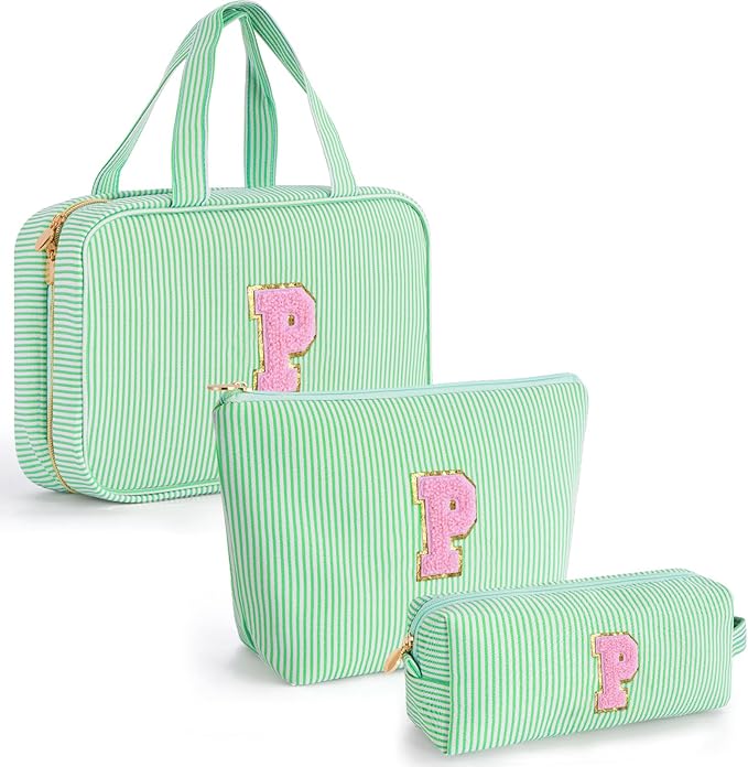 Monogram Cute Initial Toiletry Makeup Bag - Personalized Cosmetic Toiletry Pouch Make Up Case for Women,Her Friend,Sister,Teacher,Birthday Gifts - Green P