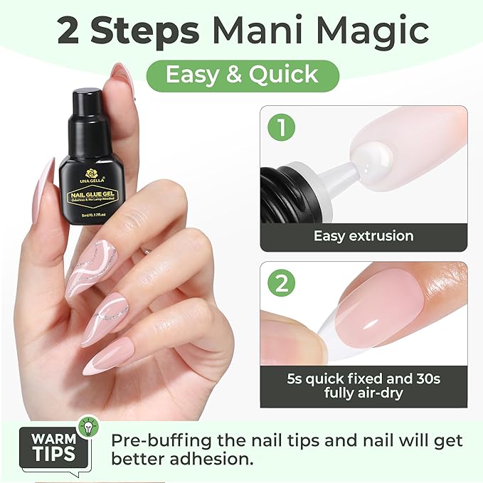 UNA GELLA 5ml Super Strong Gel Nail Glue for Press Ons: No U V Lamp Needed Glue Gel, Travel-Size Nail Adhesive for Press on Nails, Nail Tips&Acrylic Nails-Quick Dry, No Smell, Long-lasting