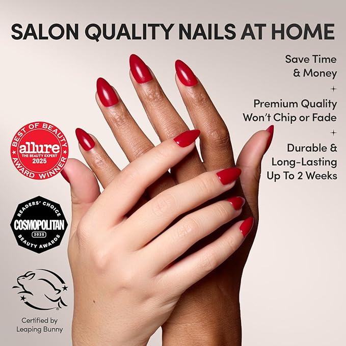 Glamnetic Press On Nails - Classic Red | Opaque Cool Tone, Timeless Red Short Almond Fake Nails, Salon Quality | 15 Sizes - 30 Nail Kit