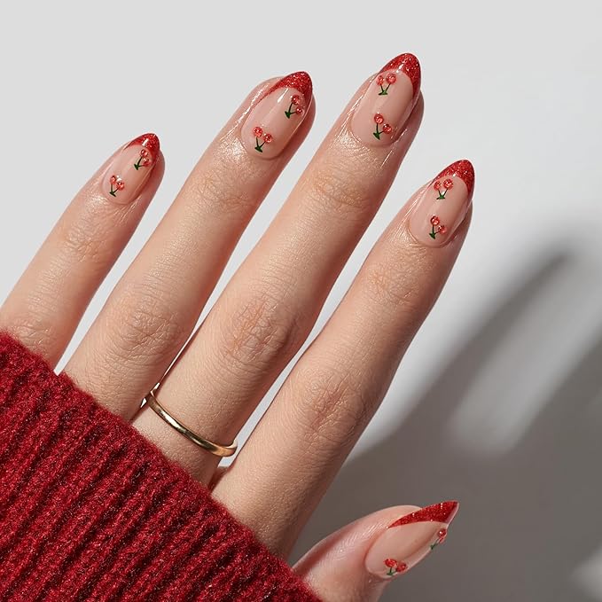 BTArtbox French Tip Press On Nails Almond - Red Press On Nails with Cherry Design, Short Almond Stick On Nails for Women, Soft Gel Fake Nails Kit in 16 Sizes for Valentines' Day Gift, Sweet Cherry