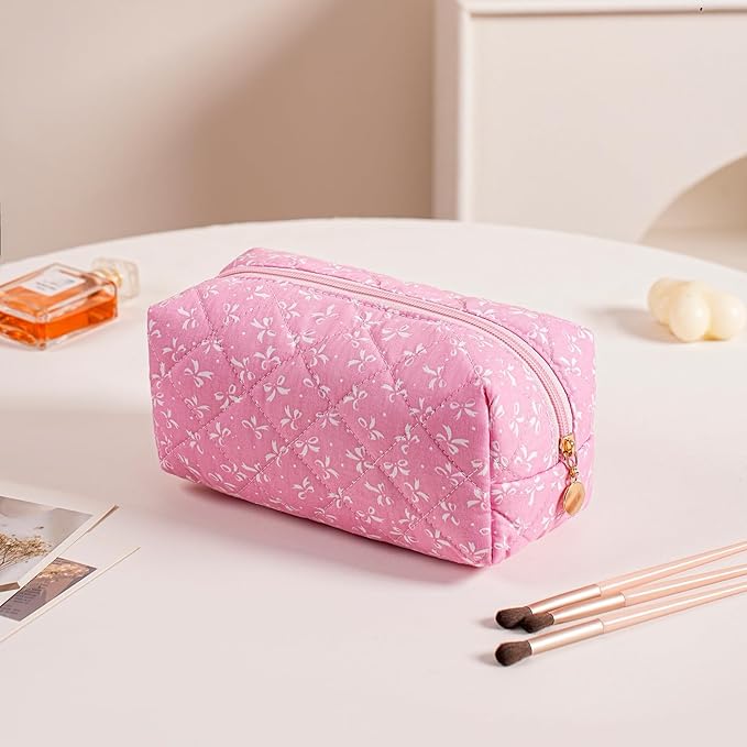 Cute Floral Makeup Bag Small Cotton Quilted Cosmetic Bag, Aesthetic Essential Bag Emergency Bag Gift for Women Girls Travel Accessories (Pink)