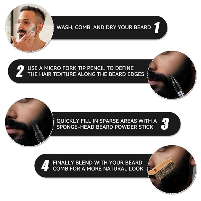 KGAJSGH Men's Beard Pencil & Powder Stick, Micro Fork Tip Beard Filler, Waterproof Beard Color Pen for Natural Looking Beard Mustache, Eyebrows, Hairline Coverage, Waterproof