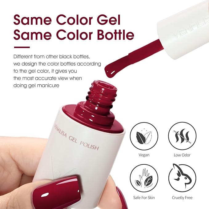 VENALISA Dark Red Gel Nail Polish, 1 Pcs Burgundy Red Gel Polish Color High Gloss Soak Off U V Nail Manicure Salon and DIY at Home Gifts for Women