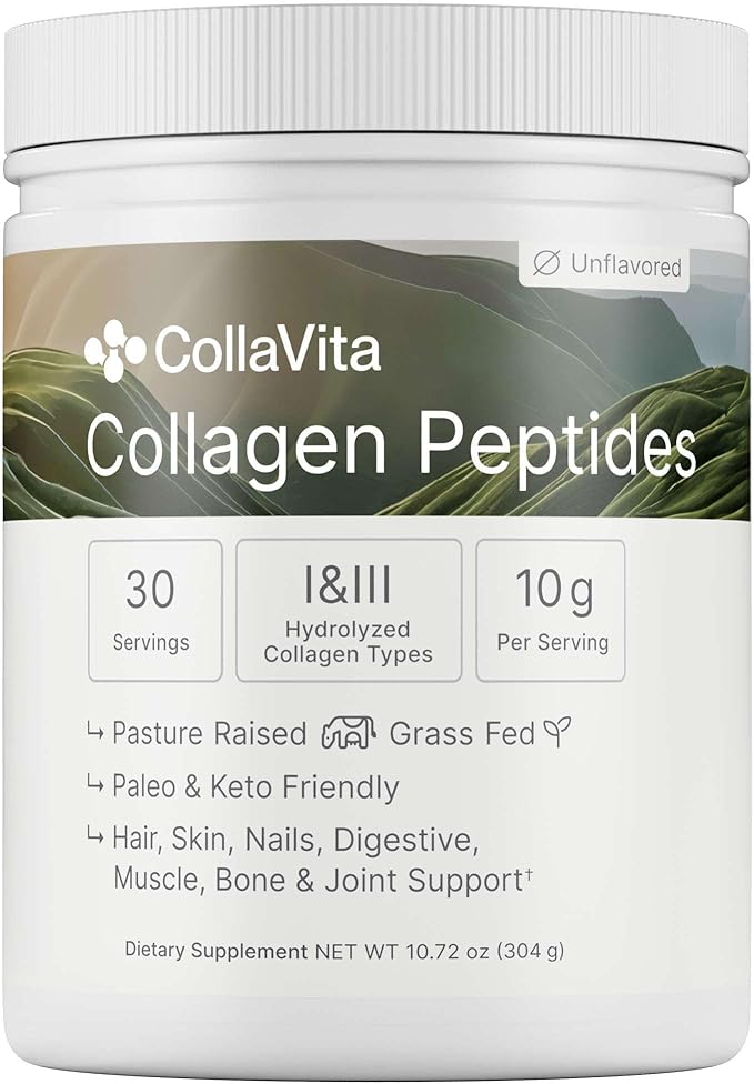 Colla Vita Collagen Peptides Powder Grass-Fed Pasture-Raised Hydrolyzed Collagen Powder, Type I & III Hair, Nails, Skin and Joints, Non-GMO, Paleo & Keto, Unflavored, 10 Fl oz. 30 Servings