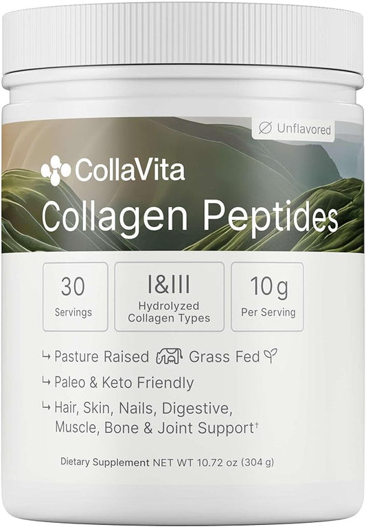 Colla Vita Collagen Peptides Powder Grass-Fed Pasture-Raised Hydrolyzed Collagen Powder, Type I & III Hair, Nails, Skin and Joints, Non-GMO, Paleo & Keto, Unflavored, 10 Fl oz. 30 Servings