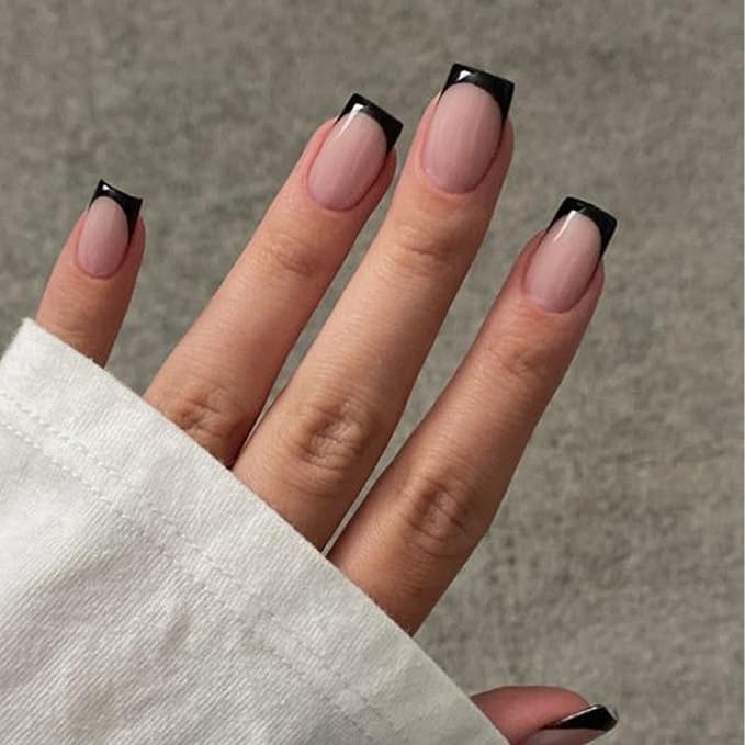 Modelones Black French Tip Press on Nails Short, Square Fake Nails, Reusable Nail Kit with Nail Glue Adhesive Tabs Mini Nail File, Nails Press Ons 32Pcs 16Sizes, Women Girl Gift