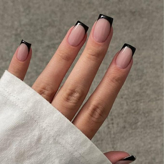 Modelones Black French Tip Press on Nails Short, Square Fake Nails, Reusable Nail Kit with Nail Glue Adhesive Tabs Mini Nail File, Nails Press Ons 32Pcs 16Sizes, Women Girl Gift