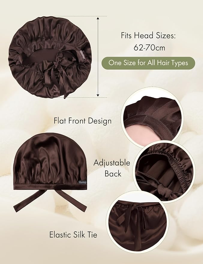 LilySilk 100% Mulberry Silk Bonnet Flat Front Silk Night Sleep Cap Adjustable Hair Wrap for Sleeping, Dark Brown