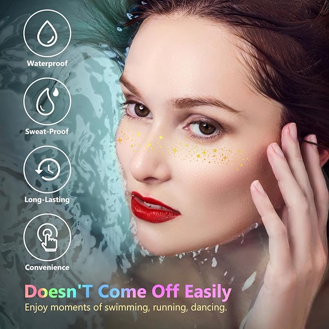 HyperFun 12Pcs Face Glitter Freckles, Face Glitter Fake Freckles Sticker, Gold Sliver Holographic Multichrome Waterproof Sparkle Freckles Makeup Patches for Women Rave Festival Accessories Party Prom