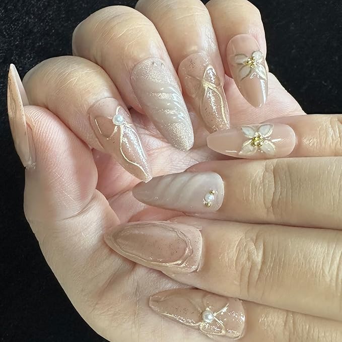 JONKASIPA French Almond Nail 3D Pink Floral Bow Nail Gloss Full Coverage Gel Patch Nails 24pcs Set