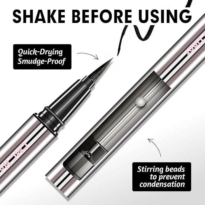 CHARMACY Liquid Eyeliner Waterproof, Intense Black Long Lasting Eyeliner Pen with Ultra Fine Tip, Smudge Proof, Smear Proof, Easy Apply for Winged Liner & Precise Lines, Beginner Friendly, 0.6ml