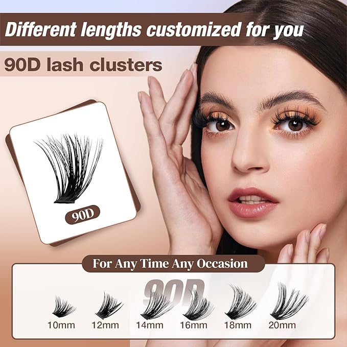 AILAISHI Lash Clusters Kit, DIY Cluster Eyelash Extensions 10‑20mm, 90D, 202pcs Fluffy D Curl Natural Lashes with Bond & Seal,Remover,Tweezers – Fake Cat Eye Individual Clusters