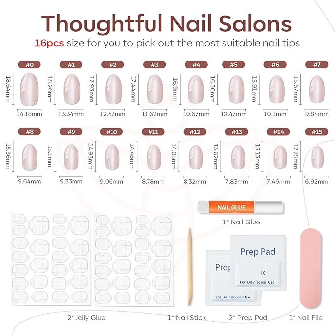 modelones Cat Eye Press on Nails, Short Oval Fake Nails Kit Press Ons with Nail Glue, Adhesive Tabs, Nail File, Prep Pad, Manicure Stick, 32Pcs 16Sizes