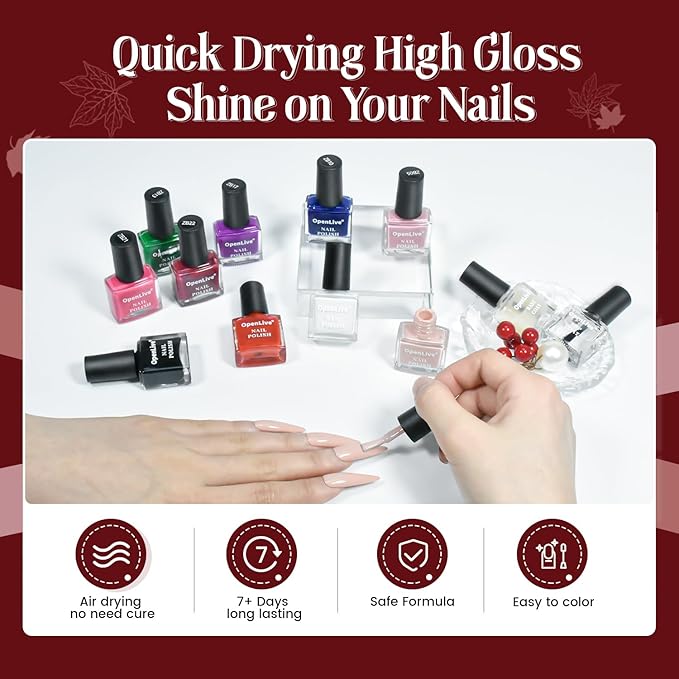 OpenLive 12 PCS Nail Polish Kit With 10 Colors As 2 PCS BASE And TOP Coat Green Blue Red Pink Collection Gifts for Women.
