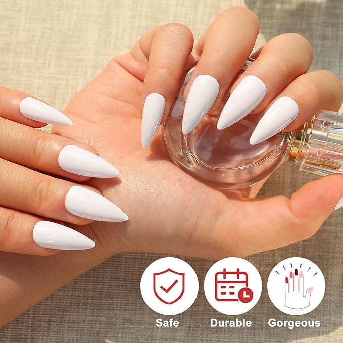 morily 24Pcs Pure White Fake Nails Medium Length Press on Nails Stiletto Almond False Nails Tips Long Acrylic Glossy Stick on Nails Solid Color Full Cover Finger Manicure for Women (White)