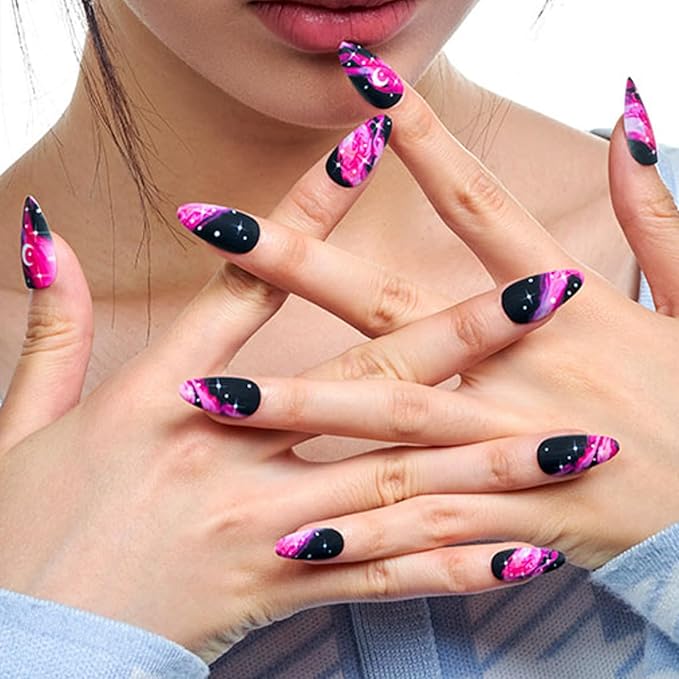 GLAMERMAID Black Press on Nails Medium Almond, Hot Pink Ombre Crush Nails, SGalaxy Star Design tiletto Fake Nails, Short Oval Stick Glue on Nails Tips for Women, Reusable Acrylic False Nail Kits