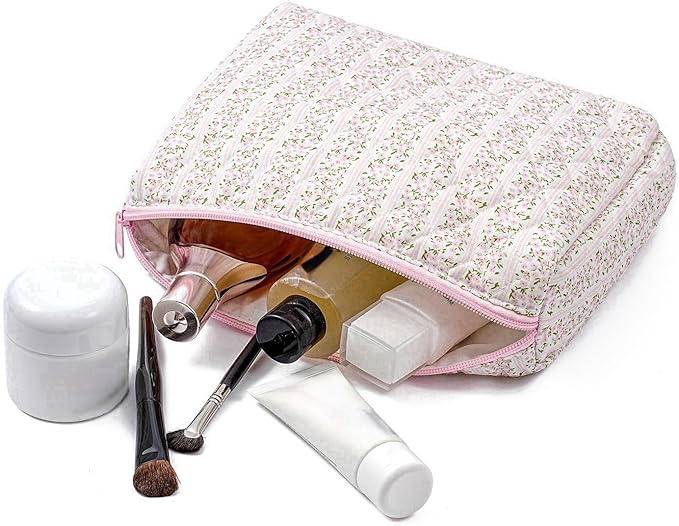 Cute Floral Makeup Bag Large Cotton Quilted Cosmetic Bag, Aesthetic Essential Bag Toiletry Period Bag for Women Travel Accessories (Pink Floral)