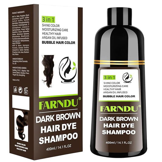 Farndu Dark Brown Hair Dye Shampoo for Women Men, 3 in 1 Hair Color Shampoo Dye for Grey Hair Coverage Champu Para Canas Mujer