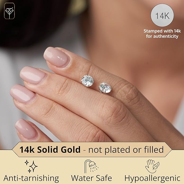 14k Gold Solitaire Round Cubic Zirconia Earrings Studs for Women & Men | Anti Tarnishing CZ Stud Earrings with 14k Gold Butterfly Pushbacks | 4MM-7.5MM by MAX + STONE
