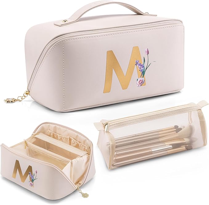 Vlando Mothers Day Gifts,Initial Makeup Bag,Travel Makeup Bag,Teacher Appreciation Gifts Birthday Gifts Bridesmaid Gifts Bride Wedding Gifts Graduation Gifts Valentine's Day Gift(Letter M)