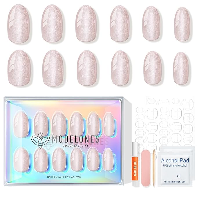 modelones Cat Eye Press on Nails, Short Oval Fake Nails Kit Press Ons with Nail Glue, Adhesive Tabs, Nail File, Prep Pad, Manicure Stick, 32Pcs 16Sizes