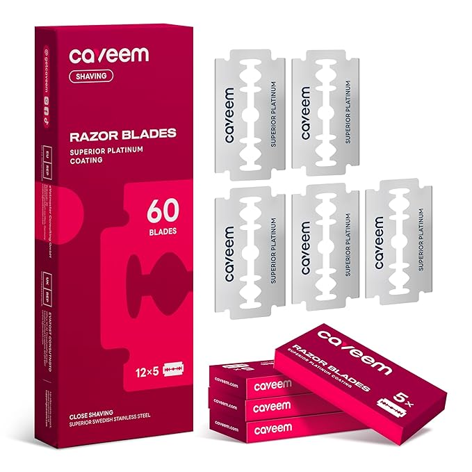 CAVEEM 60 Count Double-Edge Safety Razor Blades, Replacement Razor Refills for Shaving, Stainless Steel Blades for All Standards Double-Edge Razor