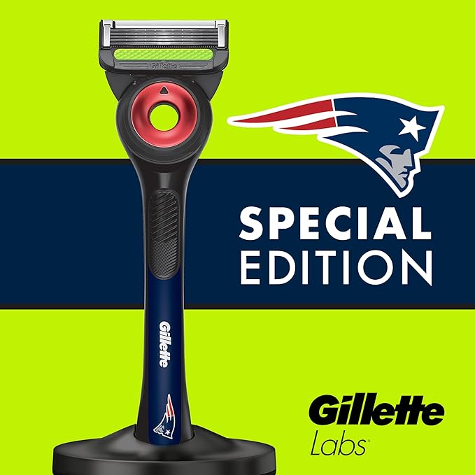 Gillette Labs Special NFL Patriots Edition Shaving Razor for Men - 1 Handle, 4 Razor Blade Refills & Magnetic Stand, GilletteLabs with Exfoliating Bar