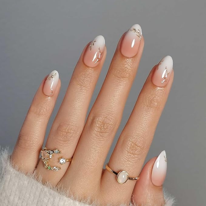 RPNZL Press On Nails - Athena | Ombre French Tip With 3D Gold Design, UV Finish Medium Almond Nails, Salon Quality | 32 Nails, 16 Sizes Kit with Glue and Adhesive Tabs I Female Founded