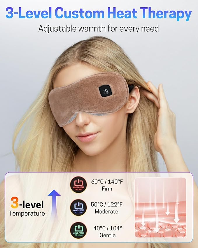 Heated Eye Mask for Dry Eyes, Stye Relief and Improved Sleep - Cordless Rechargeable Warm Compress with Graphene Heating, 3 Temp Settings, Auto Shut-Off, Washable Sleep Mask for Travel